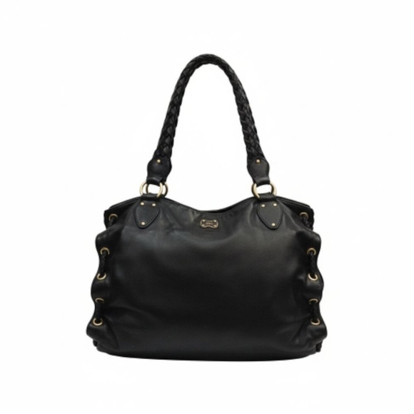Michael Kors Black Leather Braided Handle Tote Satchel Whipstitch Grommet Large - Picture 2 of 15